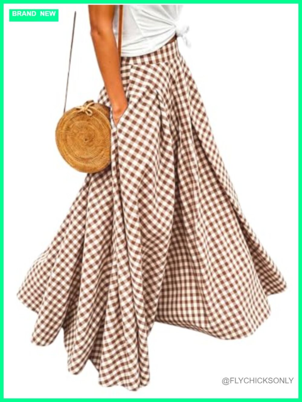 Plaid Gingham Maxi Skirt Elastic Waist Pleated Flared A-Line Long with Pockets